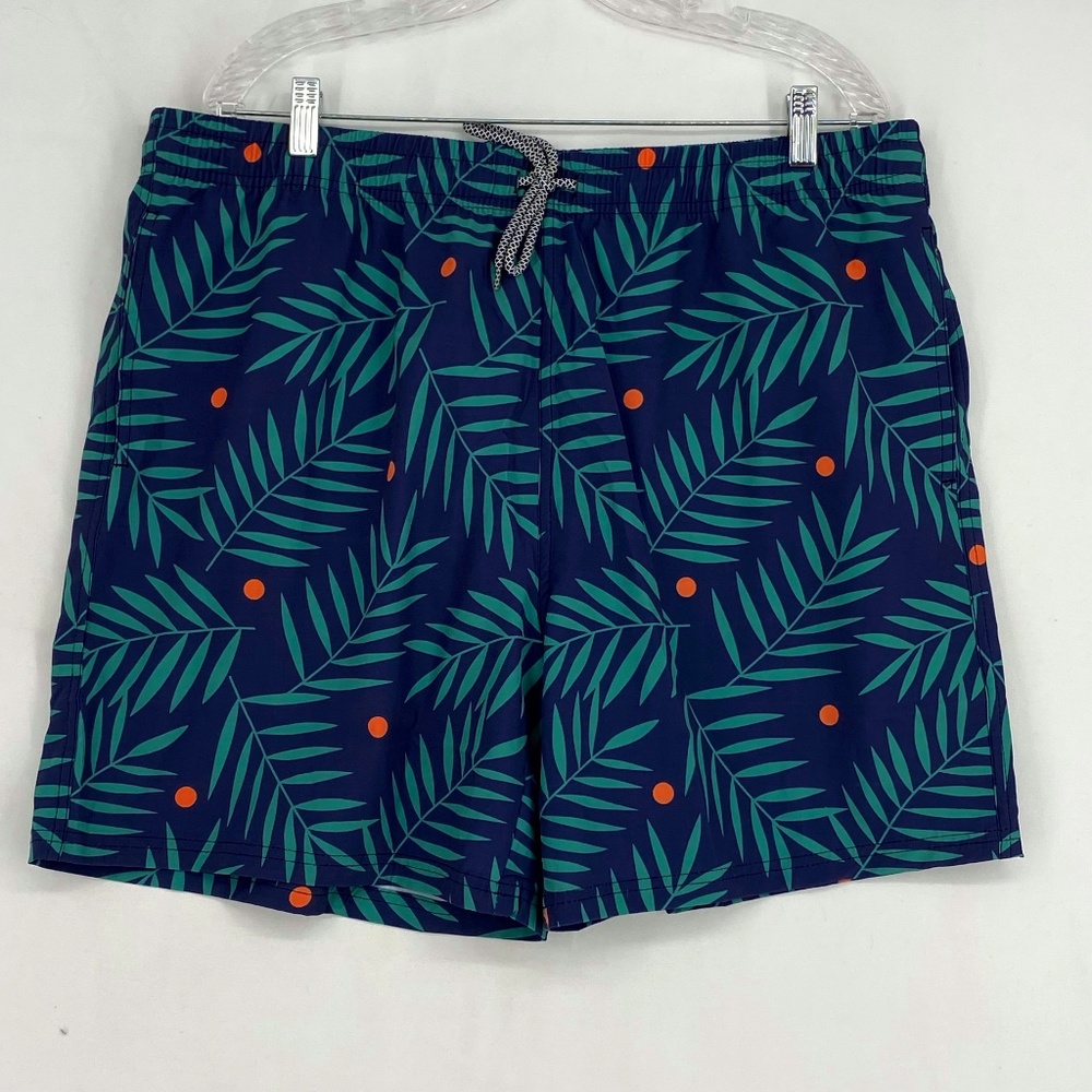 Biwisy Mens XL Swim Trunks Blue Tropical Leaf Polka Dot Print Mesh Brief Liner